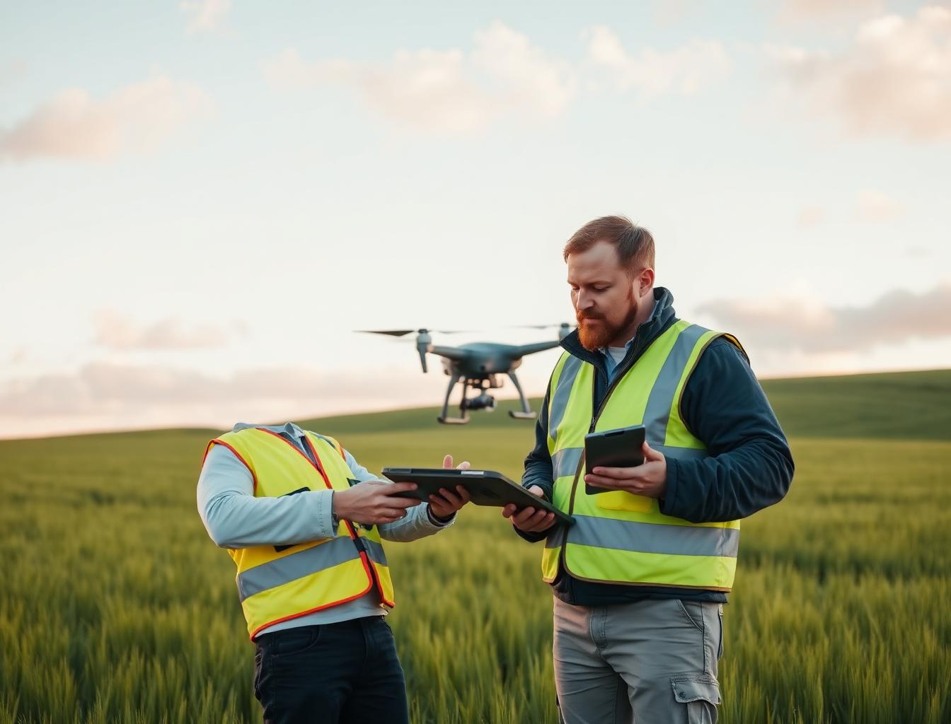 Two field professionals reviewing drone data on a tablet in an Irish farmland