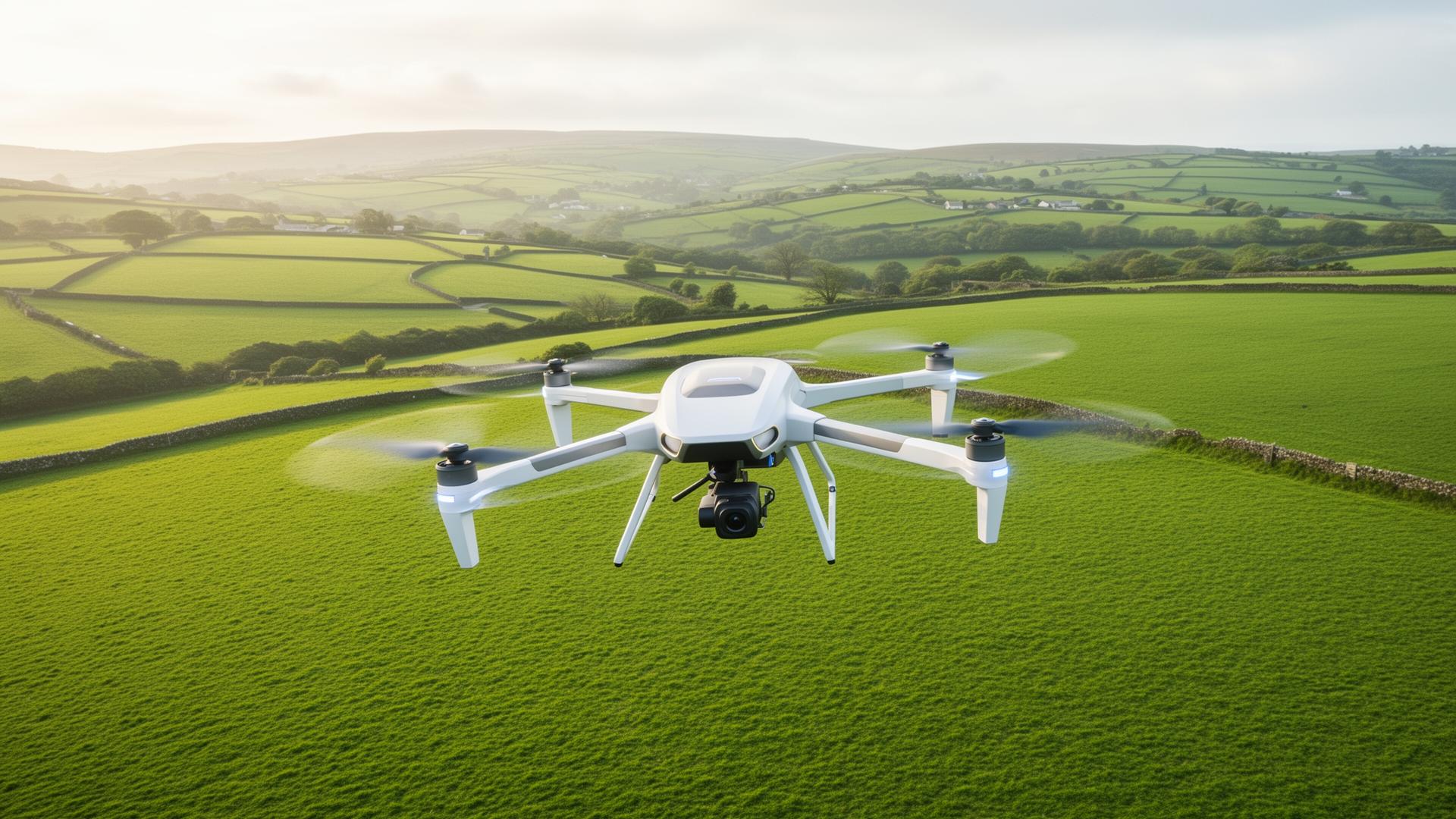 Agricultural drone flying over Irish farmland