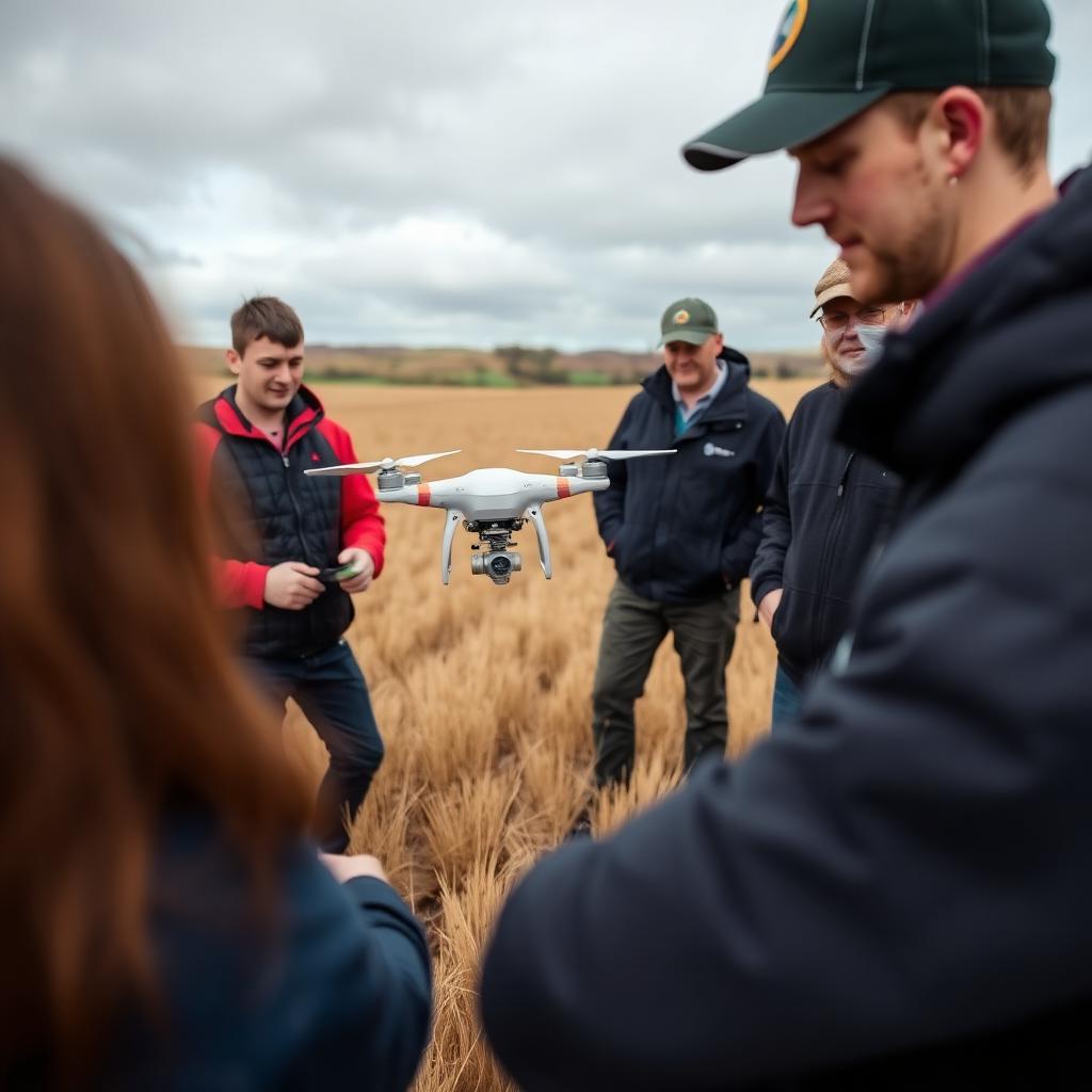 Farmers and students learning drone operation in a field