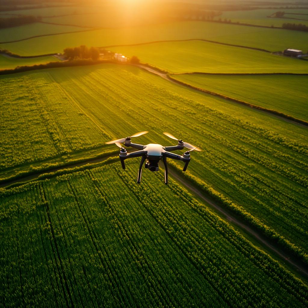 Agricultural drone flying over healthy Irish farmland at sunset