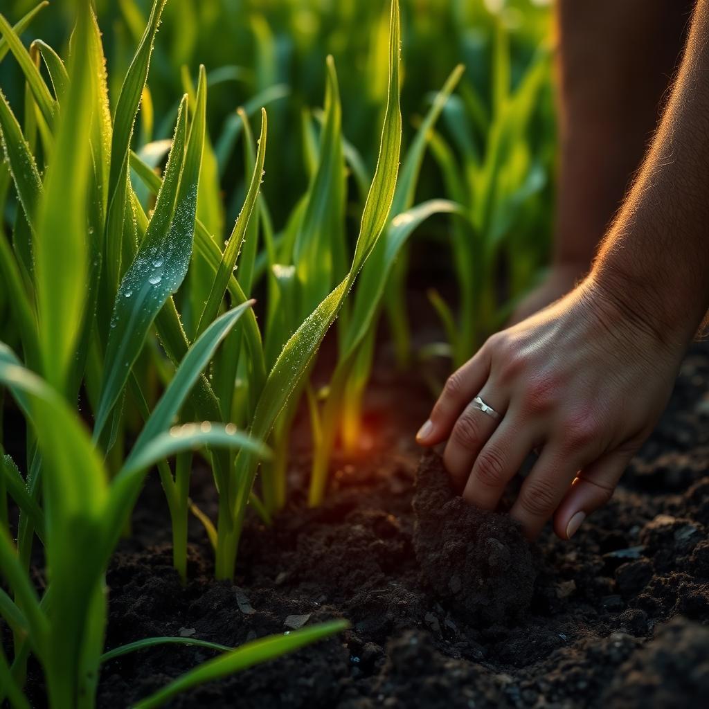 Farmer's hand checking soil beside healthy crops at sunrise
