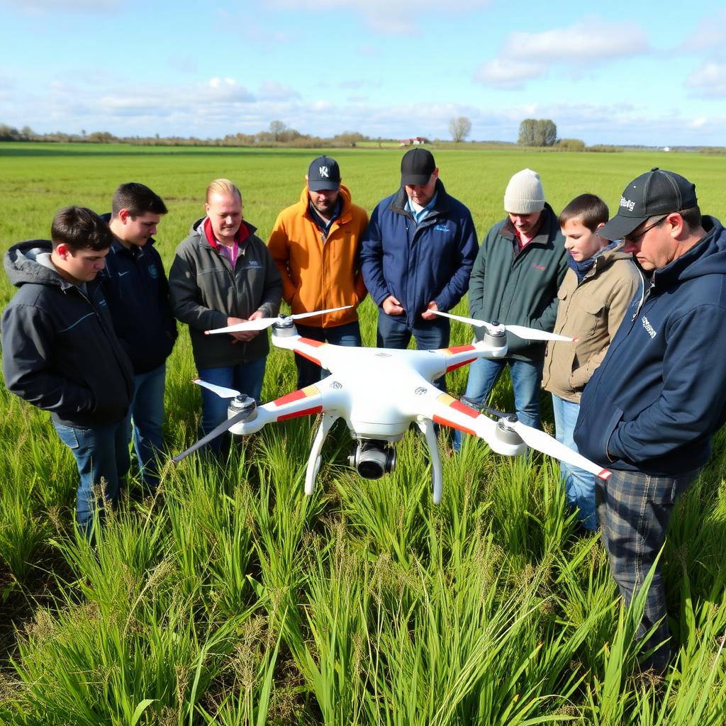 Farmers and students gathered around a drone in the field