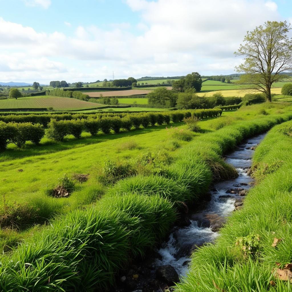 Sustainable Irish farmland with hedgerows and clean stream