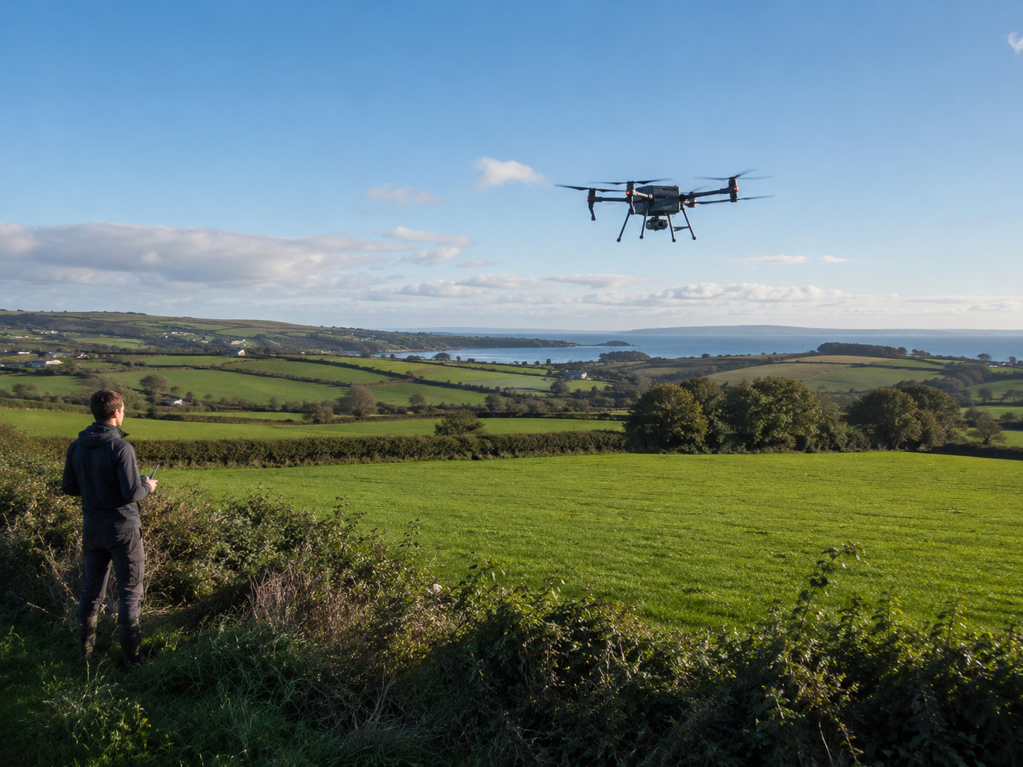 Operator flying an agricultural drone over Irish farmland by the coast