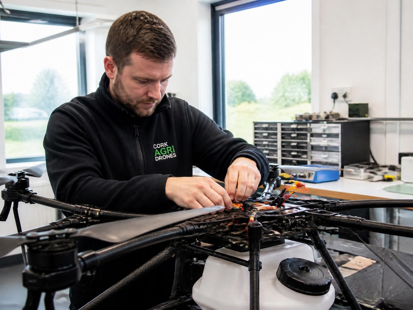 Engineers assembling an agricultural drone in a modern Cork manufacturing workshop