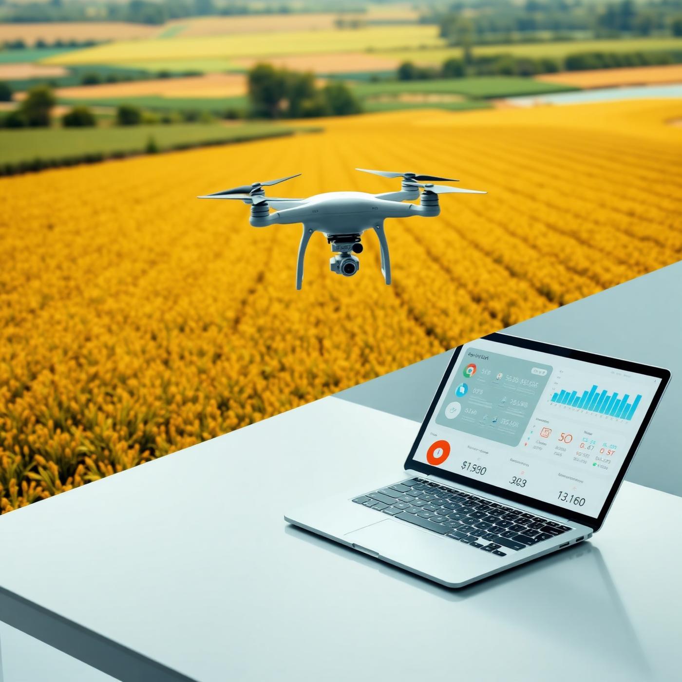 Drone flying over farmland with a data dashboard on a laptop
