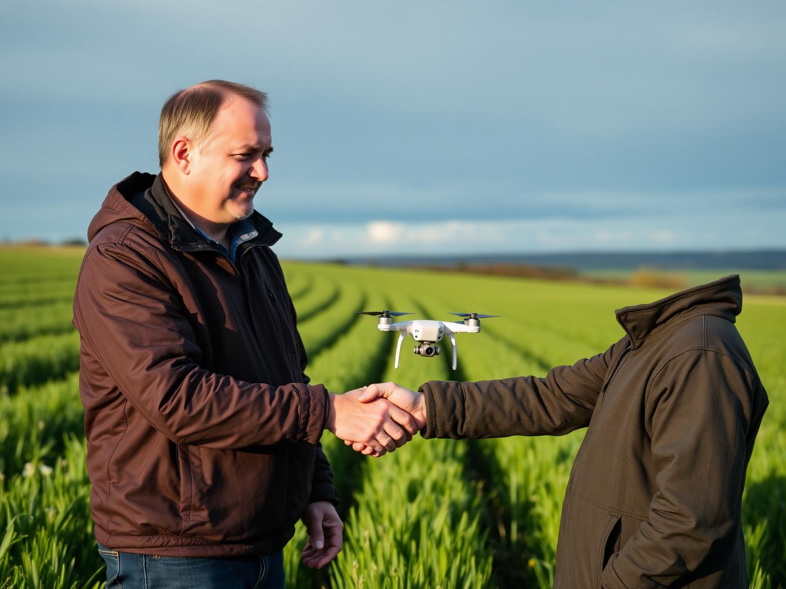Farmer and drone engineer shaking hands in an Irish field