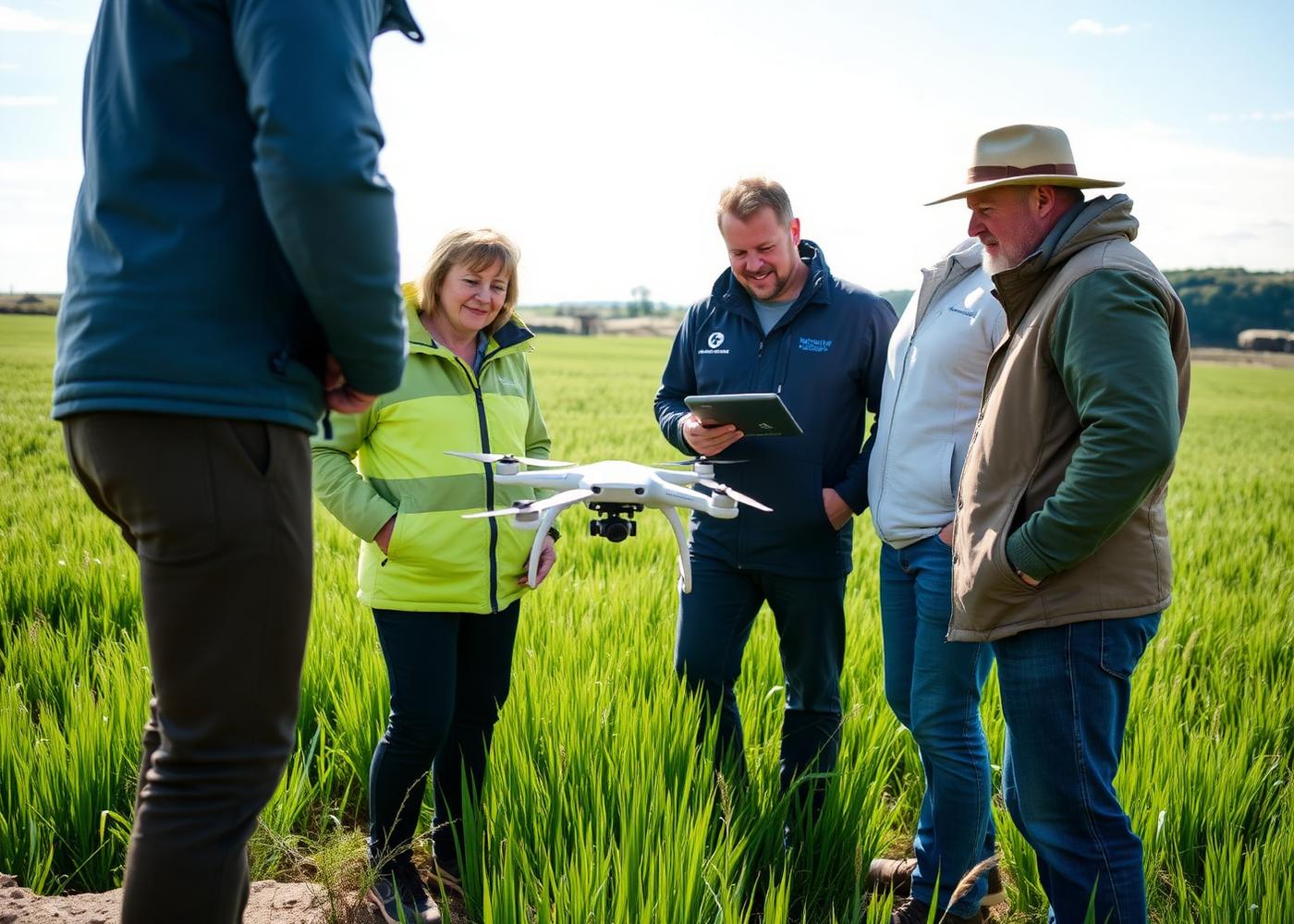 Researchers, engineers and farmers collaborating around a drone