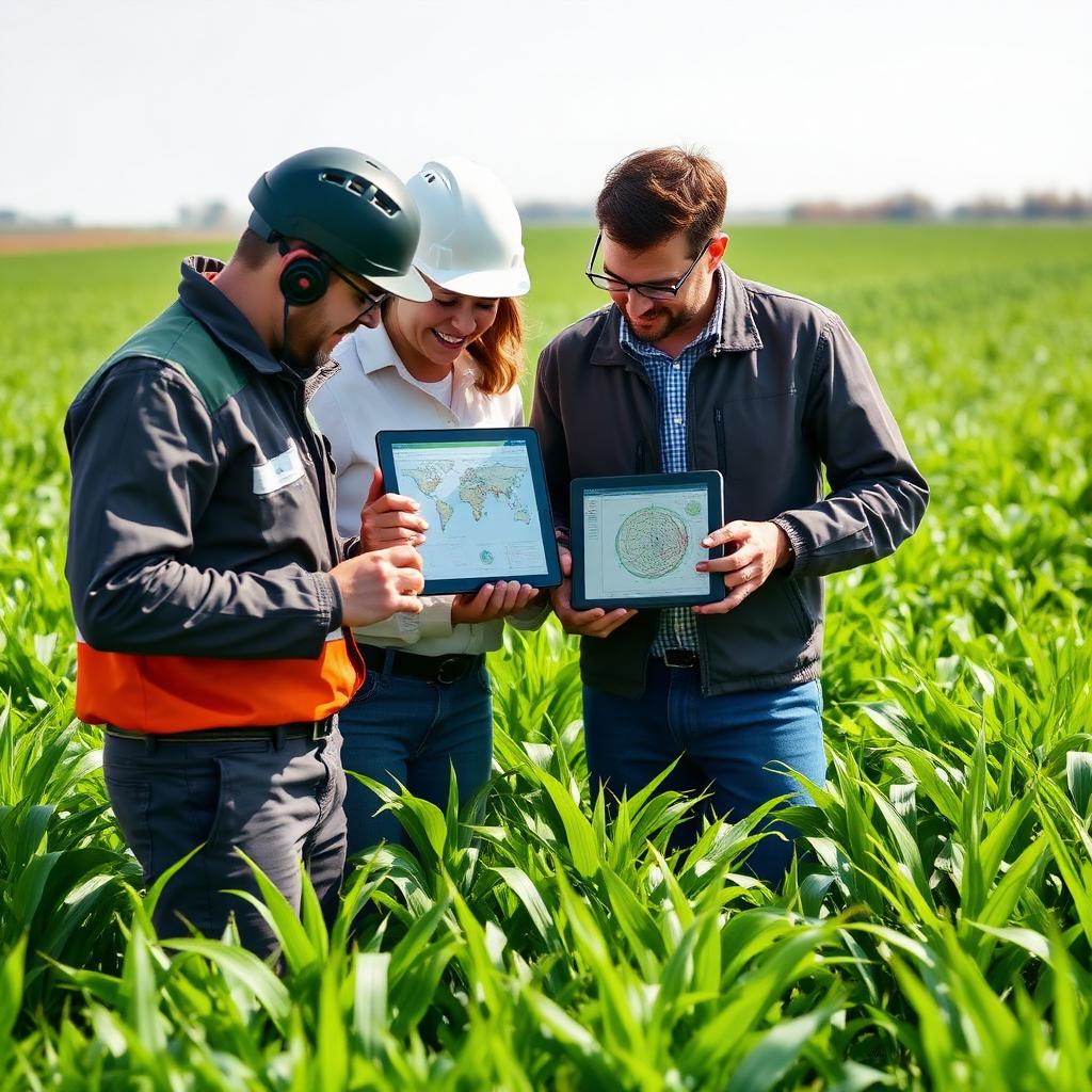 Agronomists reviewing UAV telemetry and crop data on tablets in the field
