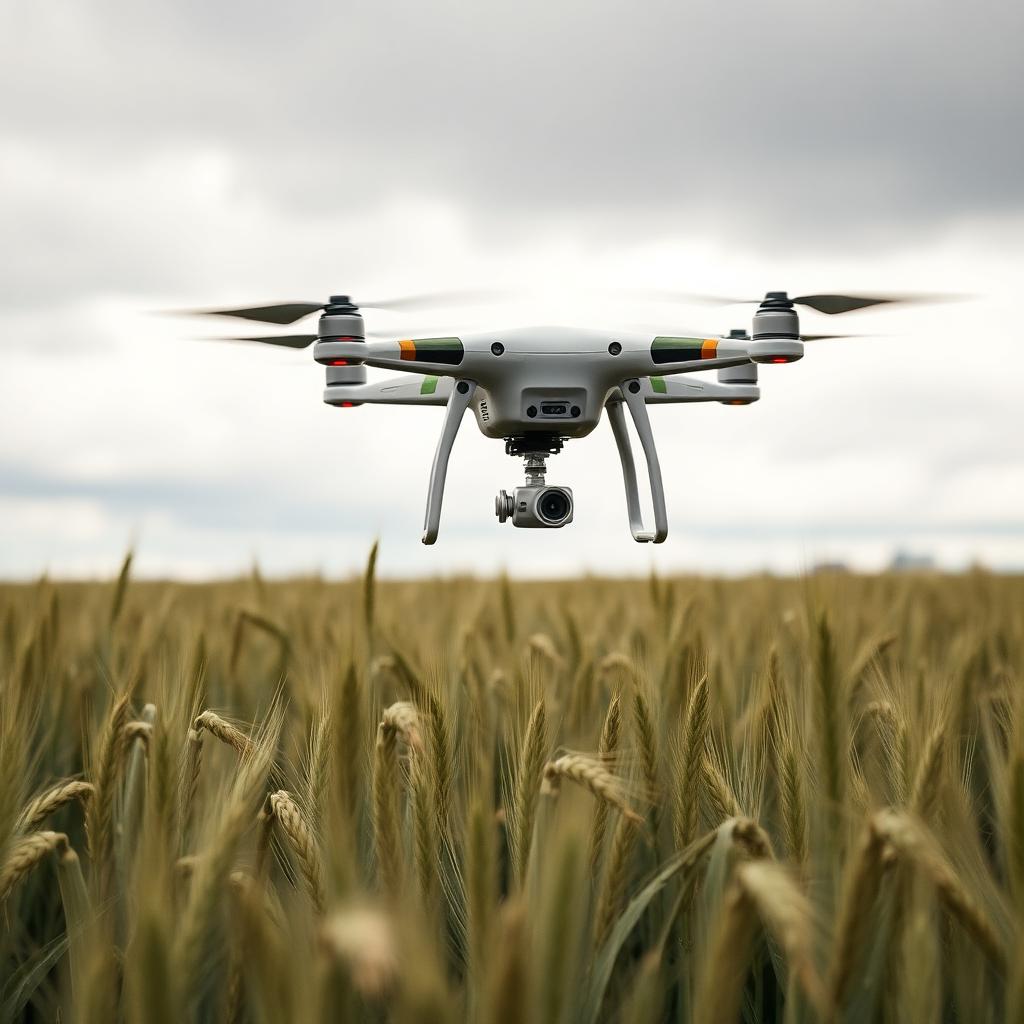 Agricultural drone during field testing over a wheat field