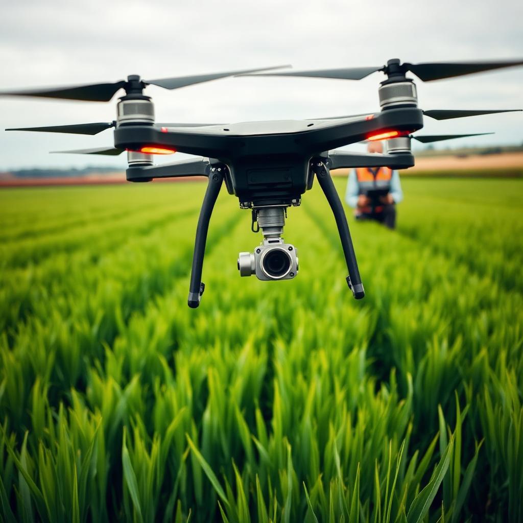 Agricultural drone flying low over an Irish crop field during field testing