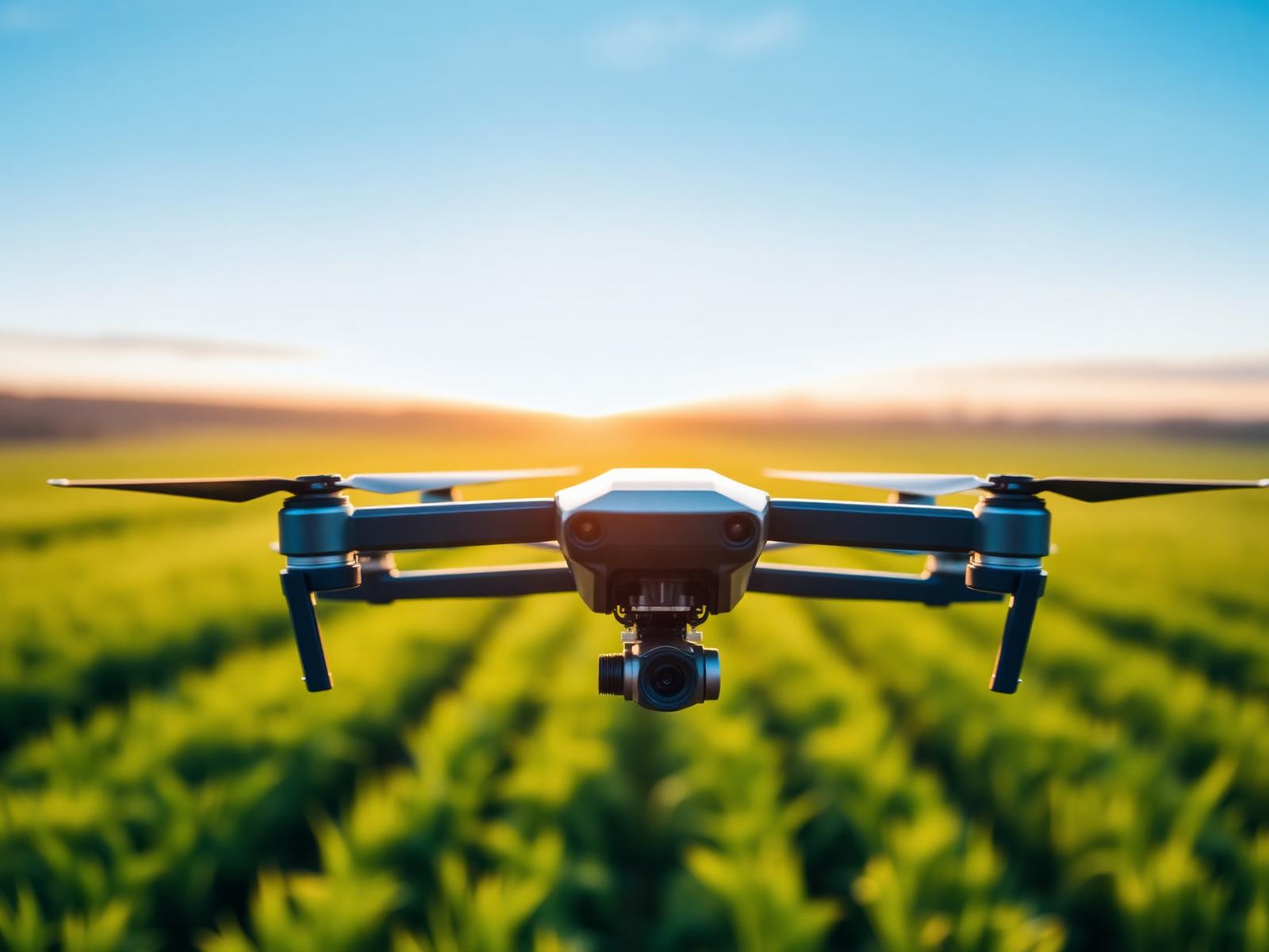 Agricultural drone hovering over an Irish crop field at golden hour